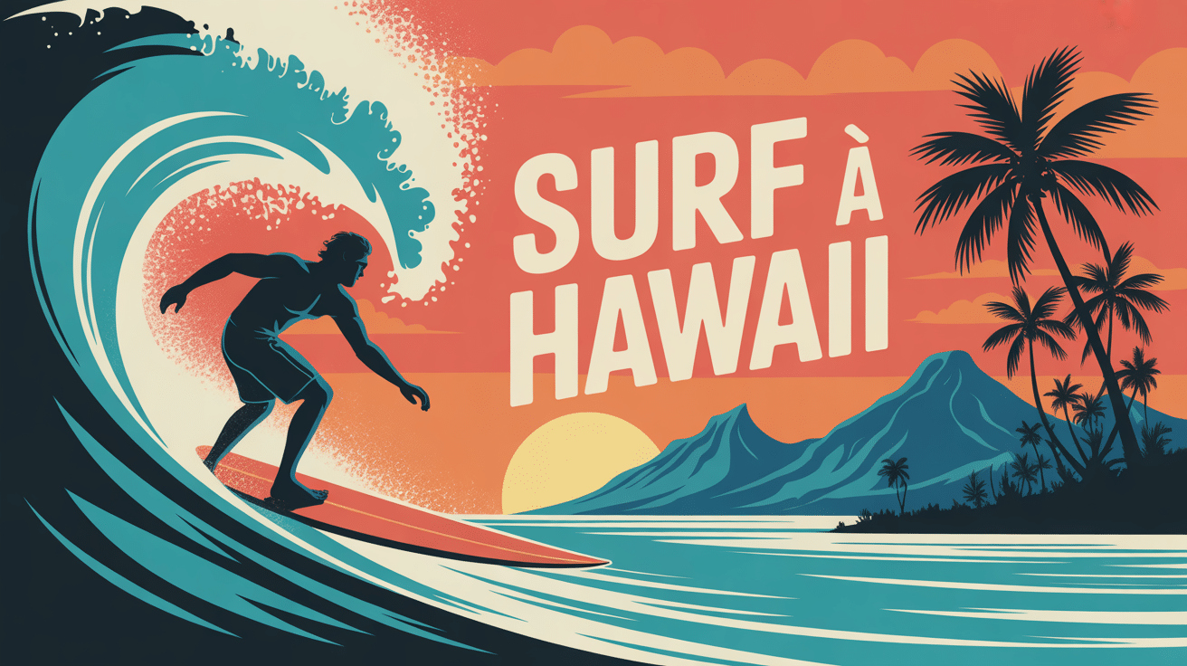 Surfen in Hawaii silhouette surfeur vague turquoise coucher de soleil