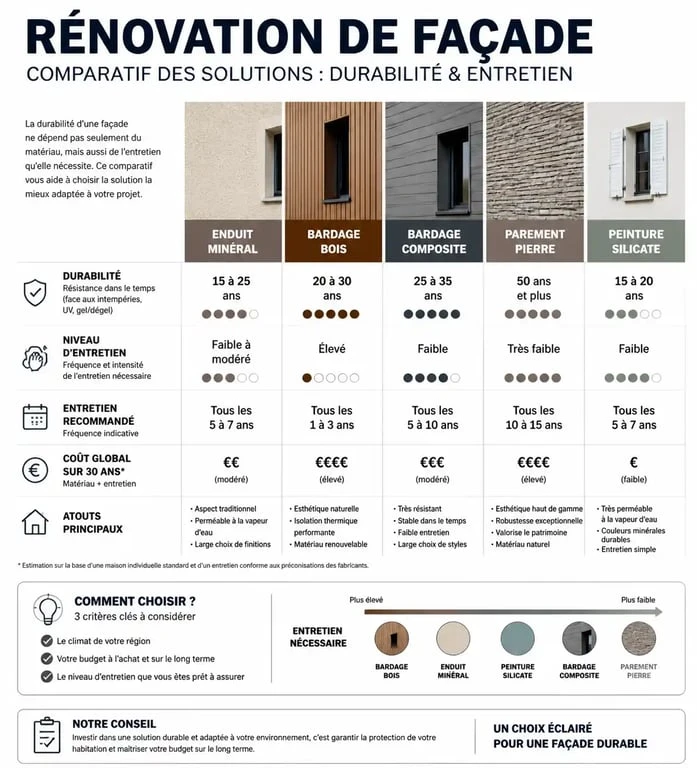 Infographie comparative des solutions pour rénover ou embellir sa façade : matériaux, durabilité et entretien.