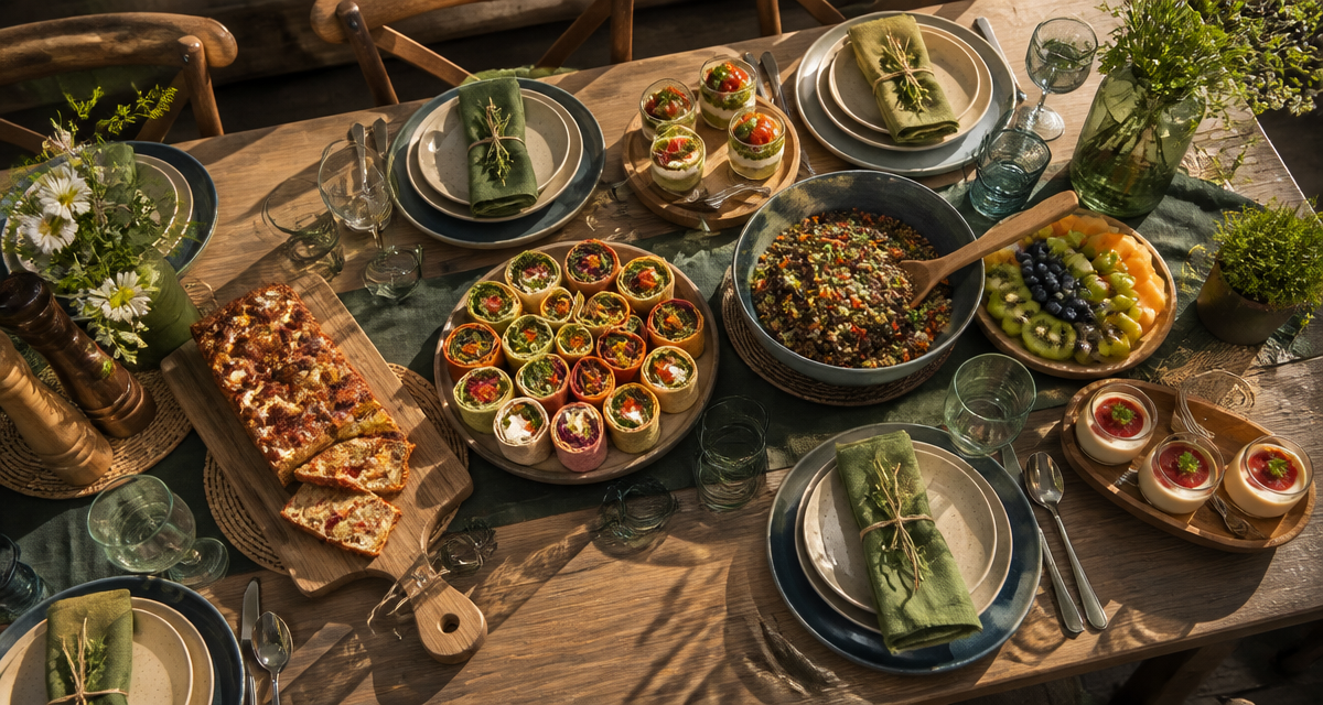 Repas froid entre amis, table dressée et plats variés