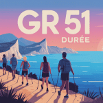 GR 51 durée illustrée, carte méditerranéenne et silhouettes de randonneurs