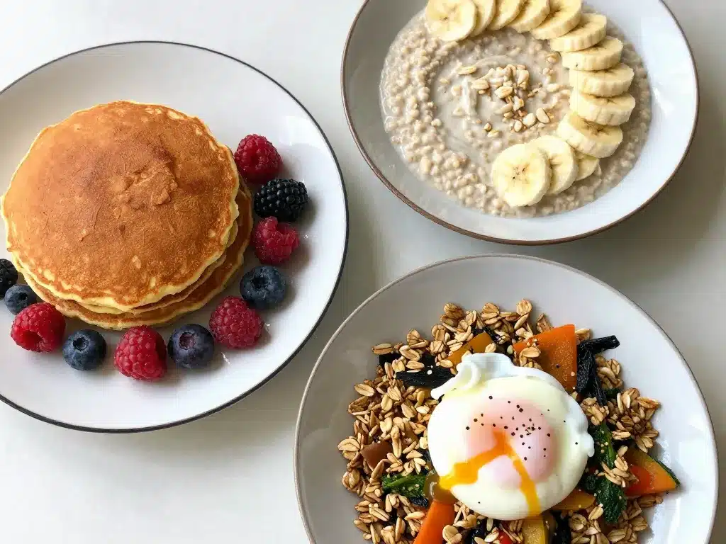 petit dejeuner flocon d'avoine oeuf pancakes porridge bol salé