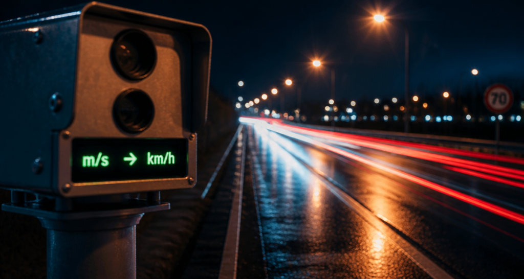 Radar affichant m/s en km/h sur route nocturne