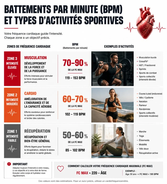 Infographie sur l'impact de la musique de salle de sport et des BPM sur la performance physique