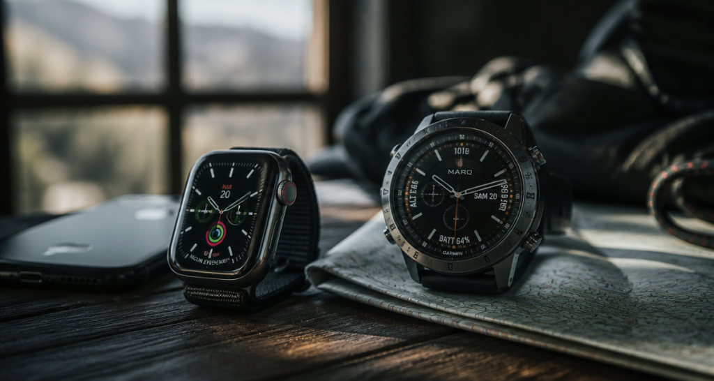 garmin smartwatch vs apple watch posées sur table