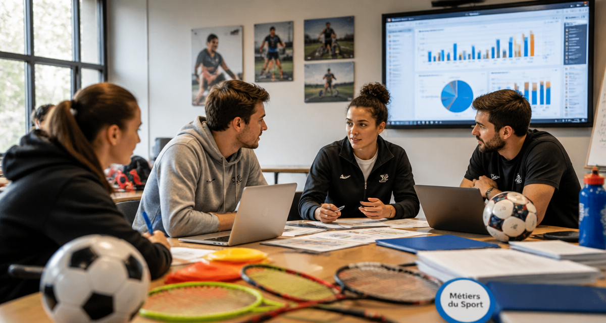 jeunes adultes discutant d'un métier dans le sport autour d'une table