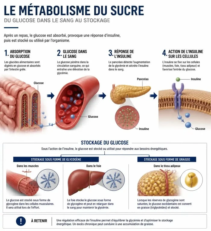 Infographie expliquant le métabolisme du sucre et le lien avec la prise de poids