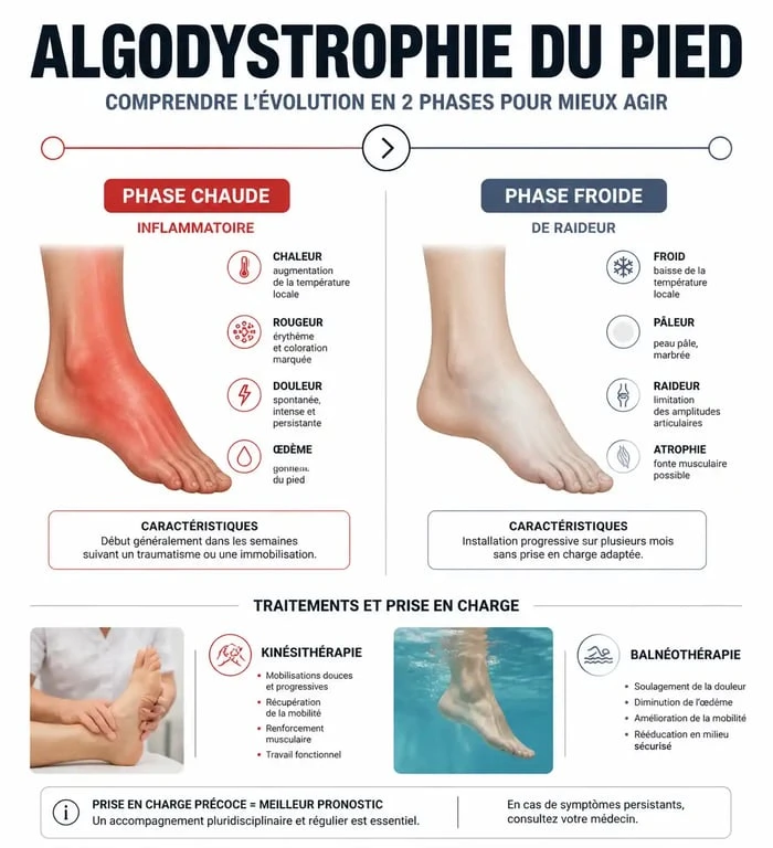 Schéma explicatif des phases de l'algodystrophie du pied et des traitements associés