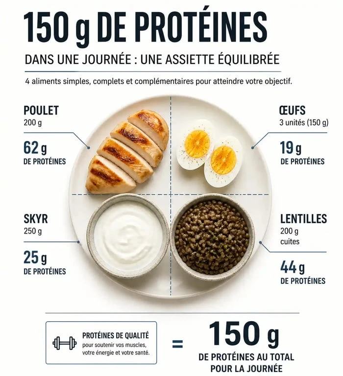 Infographie illustrant comment manger 150 g de protéine par jour avec différentes sources alimentaires