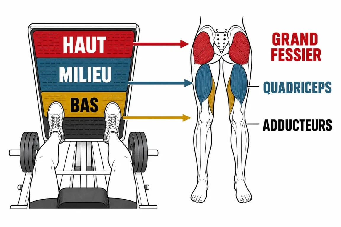 Schéma de placement des pieds sur presse à cuisses pour cibler les fessiers