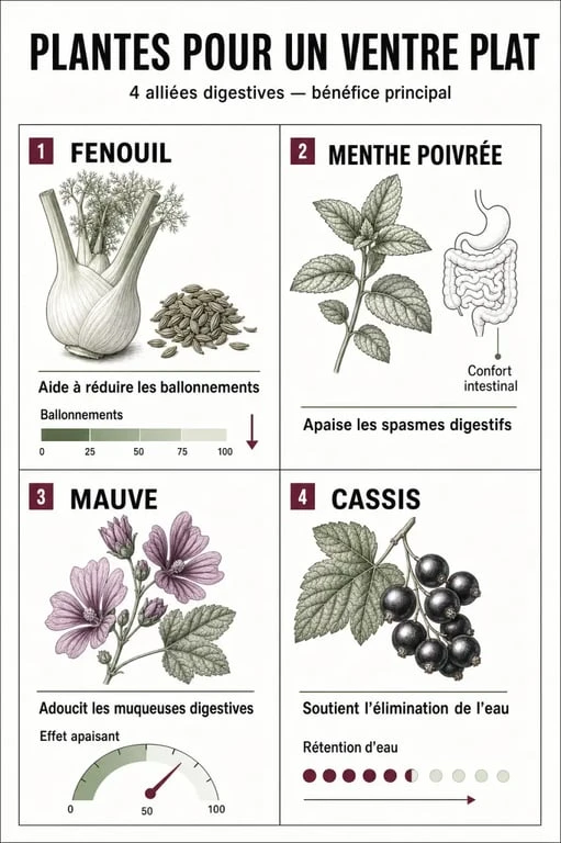 Infographie des plantes et tisanes pour un ventre plat et une meilleure digestion