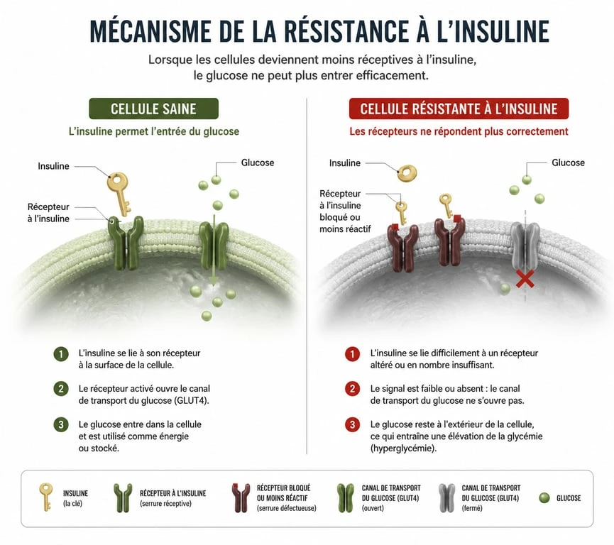 Schéma explicatif de la résistance à l'insuline et du mécanisme de transport du glucose dans les cellules