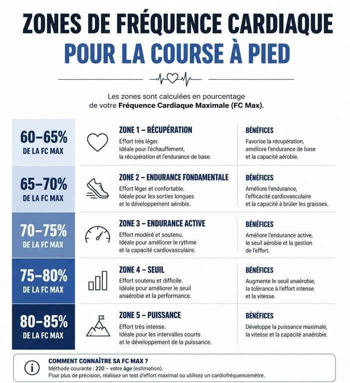 Infographie des zones de fréquence cardiaque en endurance fondamentale pour coureurs