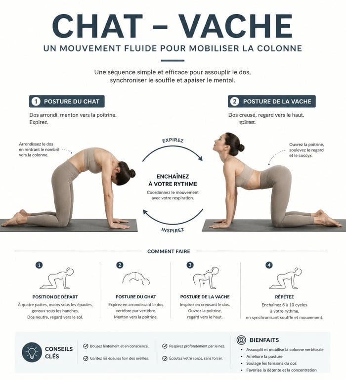 Infographie illustrant la posture du chat et de la vache en yoga pour la mobilité du dos
