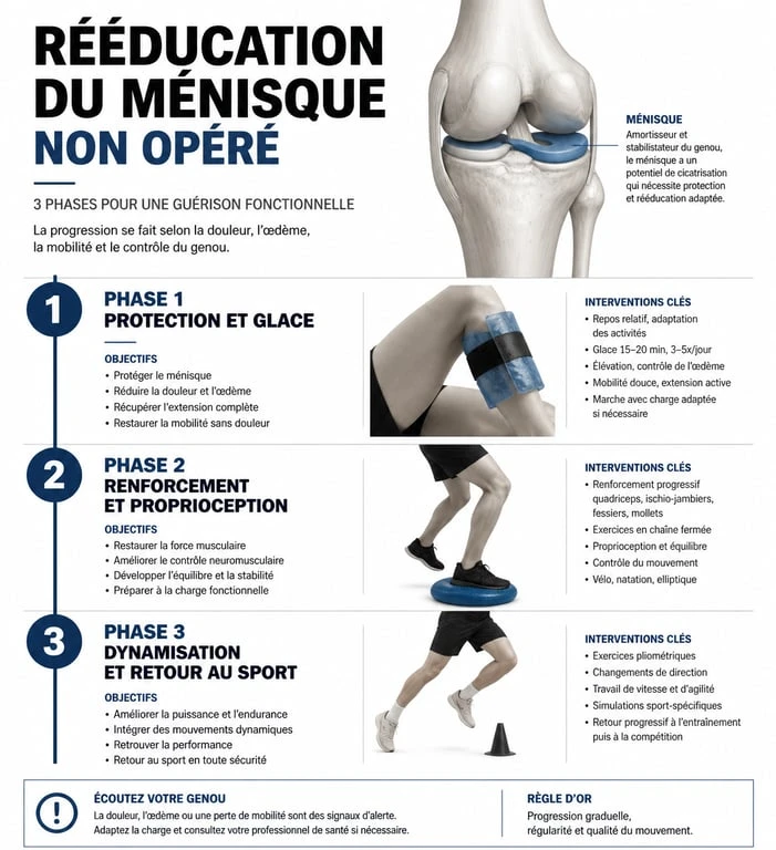 Infographie des 3 phases de la rééducation ménisque non opéré