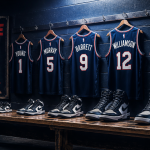 Taille basketteur NBA baskets alignées vestiaire