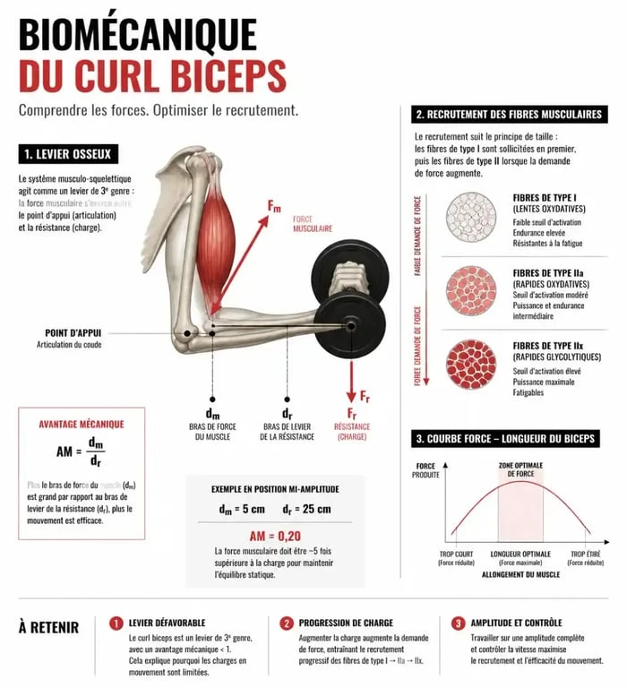 Schéma illustrant la biomécanique et le recrutement moteur pour la musculation Planète Muscle