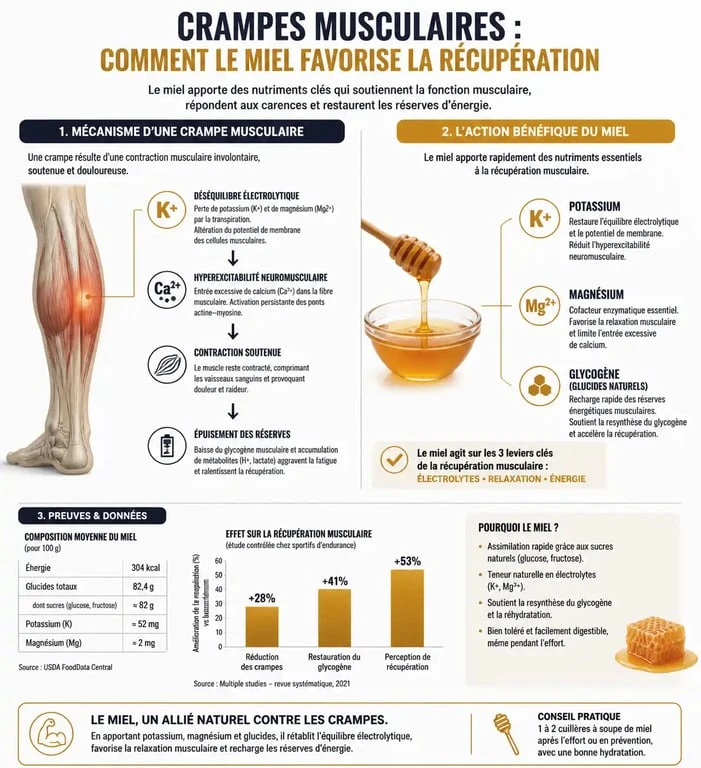 Infographie sur les bienfaits du miel contre les crampes musculaires et son rôle dans la récupération.