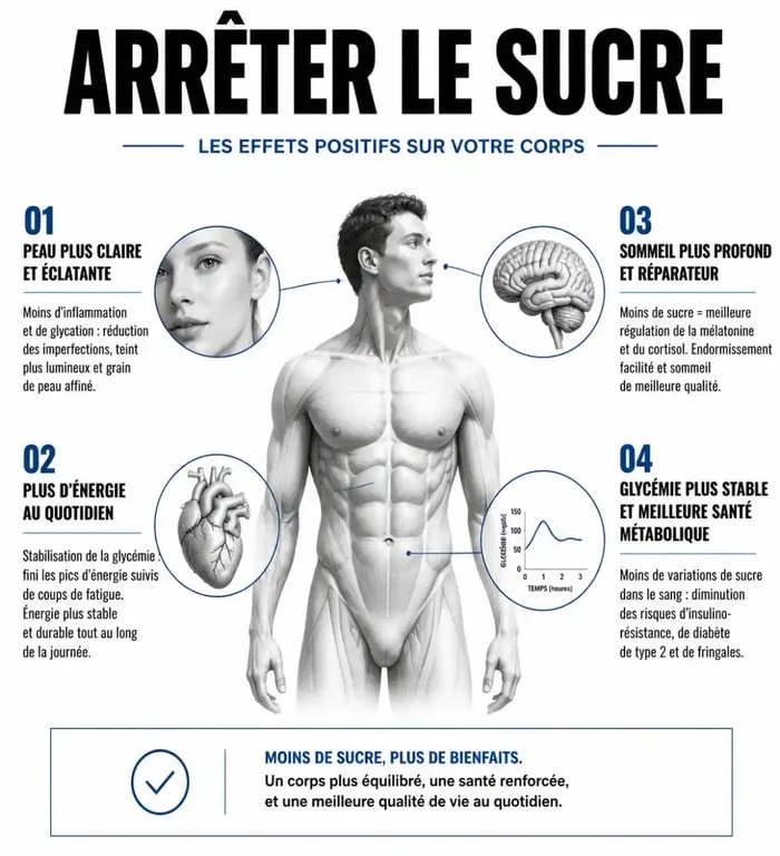 Infographie sur les bienfaits de supprimer le sucre de son alimentation pour la santé