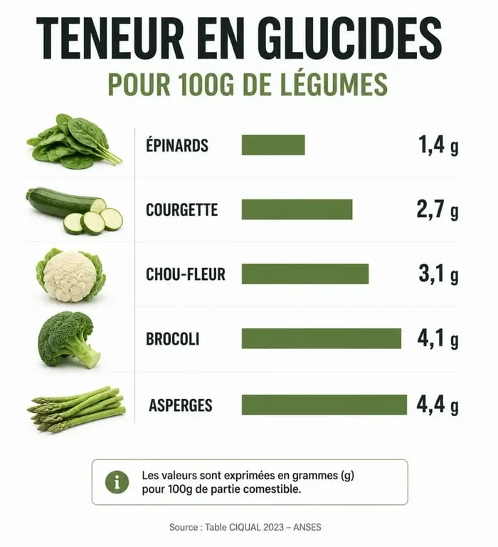 Infographie comparative de la teneur en glucides pour 100g de légumes pauvres en glucides