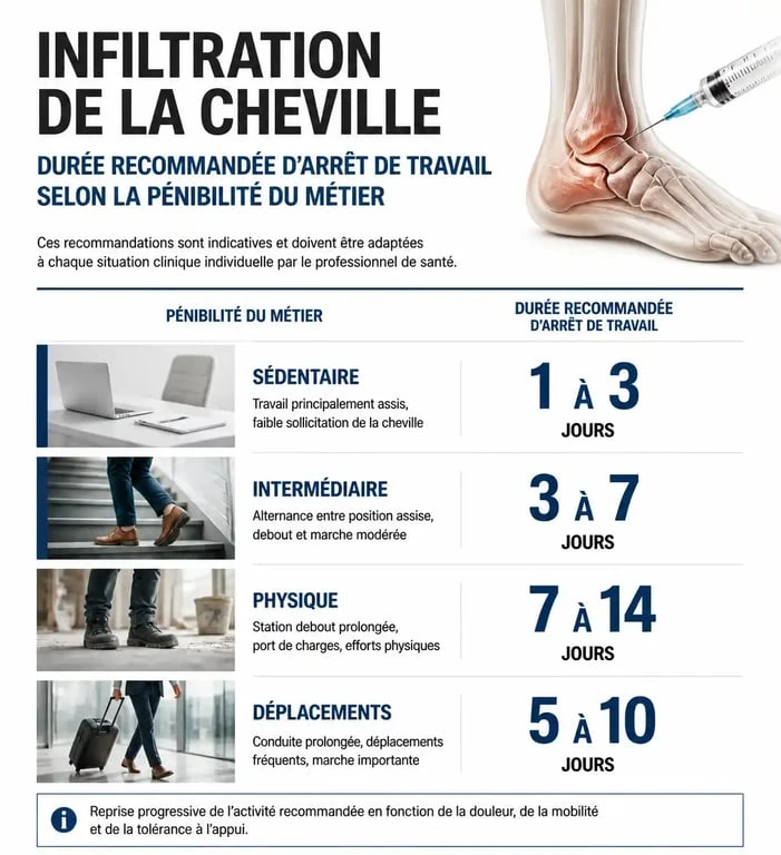 Infographie sur la durée d'arrêt de travail après une infiltration de la cheville selon le métier