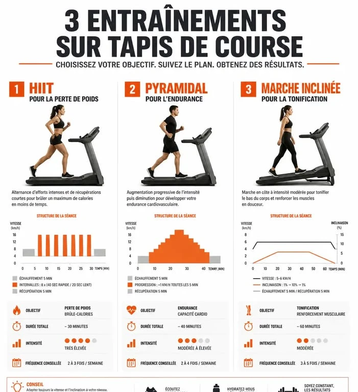 Infographie des programmes d'entraînement sur tapis de course : HIIT, endurance et marche inclinée.