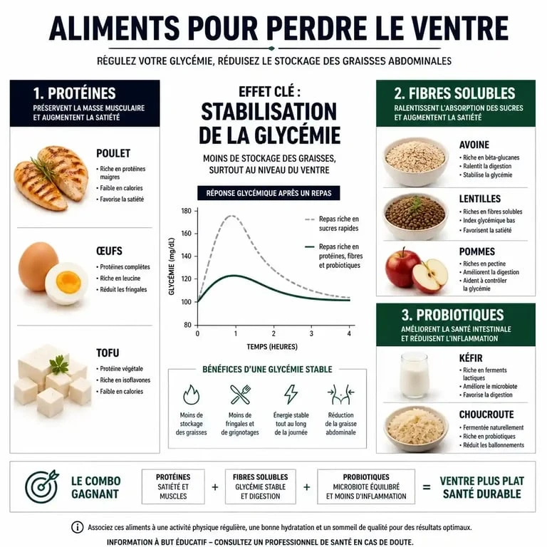 Infographie des meilleurs aliments pour perdre le ventre et réduire la graisse abdominale