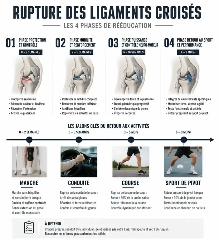 Infographie des phases de récupération et délais après une opération des ligaments croisés du genou