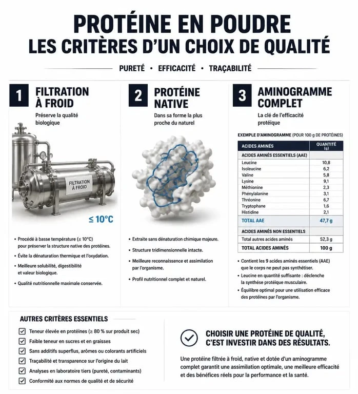 Infographie des critères pour choisir la meilleure marque de protéine en poudre