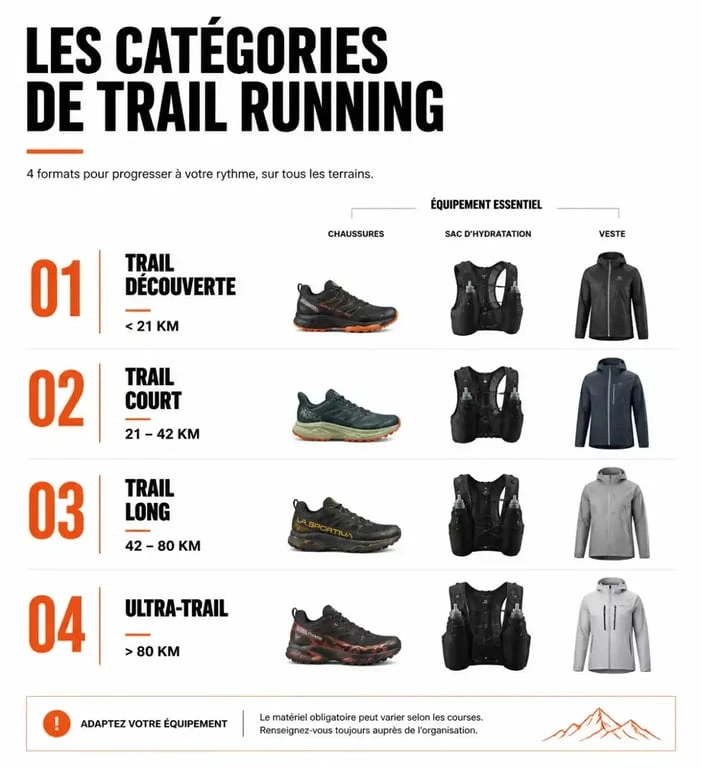 Infographie récapitulative des catégories de trail running et de l'équipement indispensable pour débuter