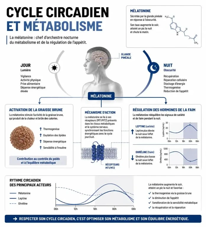Infographie expliquant le lien entre mélatonine, sommeil et gestion du poids corporel