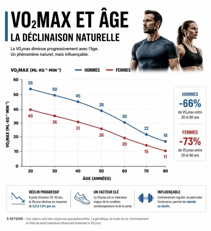 Graphique illustrant l'évolution et le déclin de la VO2max selon l'âge et le sexe