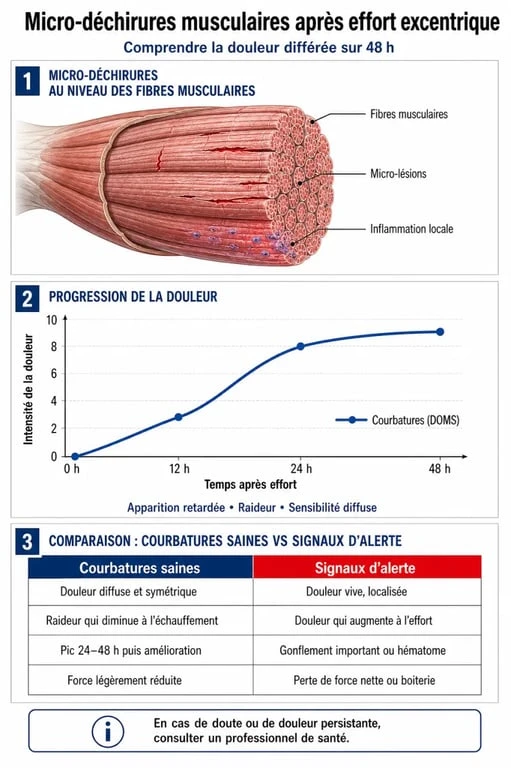 Infographie sur les courbatures après musculation : processus physiologique et distinction entre douleur saine et blessure