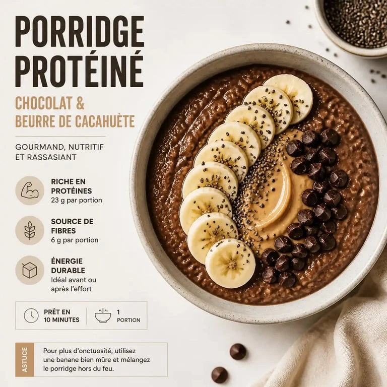 Bol de porridge protéiné chocolat et beurre de cacahuète sain et gourmand pour le petit-déjeuner