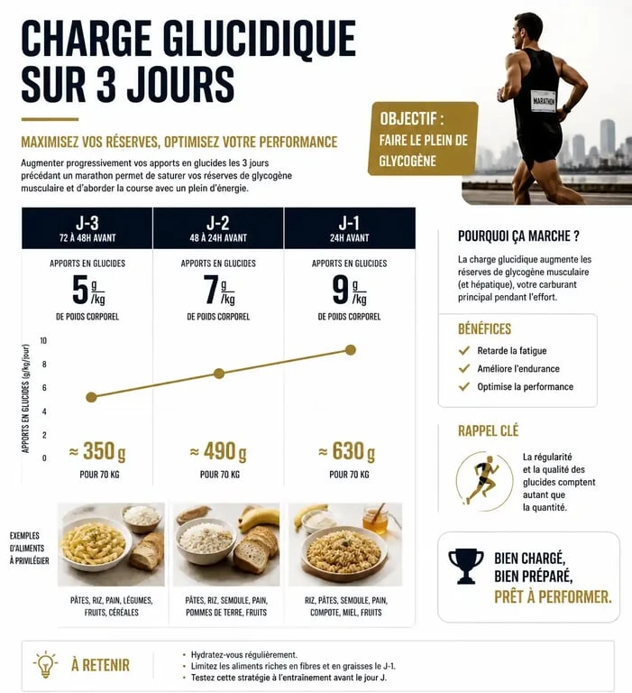 Infographie sur la stratégie de charge glucidique pour l'alimentation pour un marathon