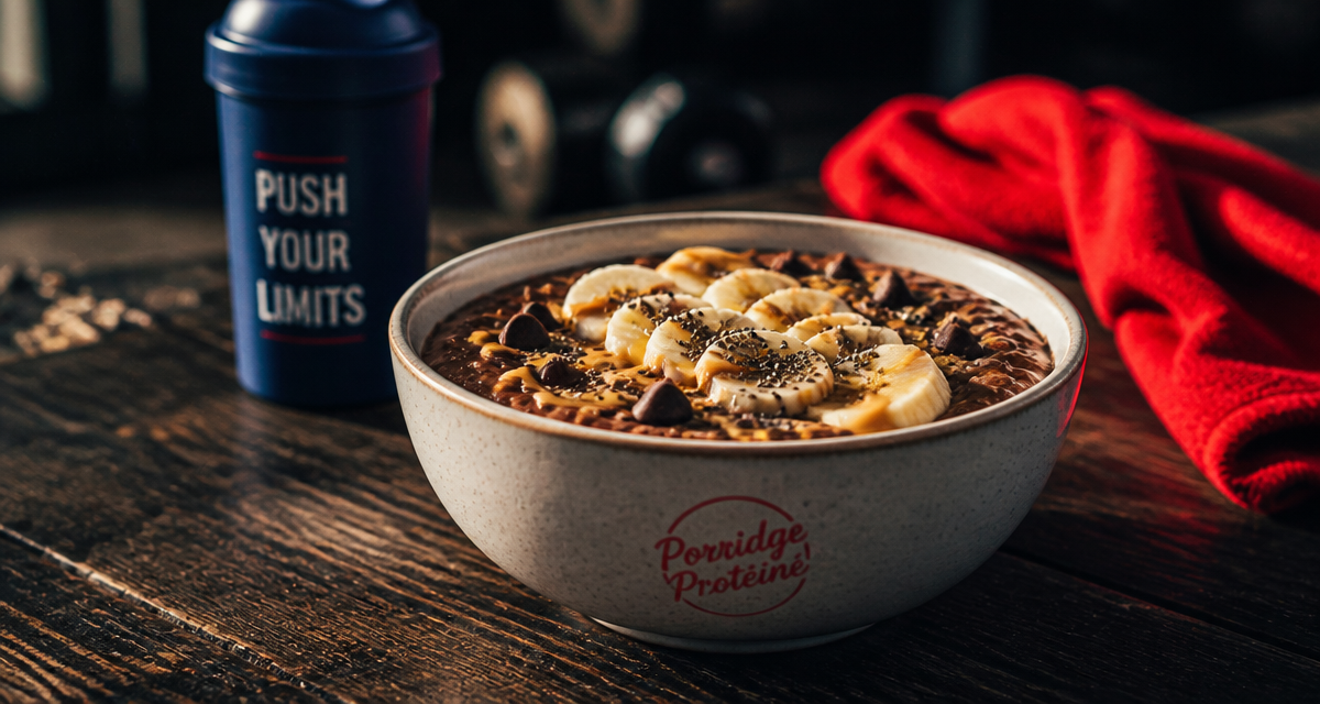 Porridge protéiné chocolat banane sur table sportive