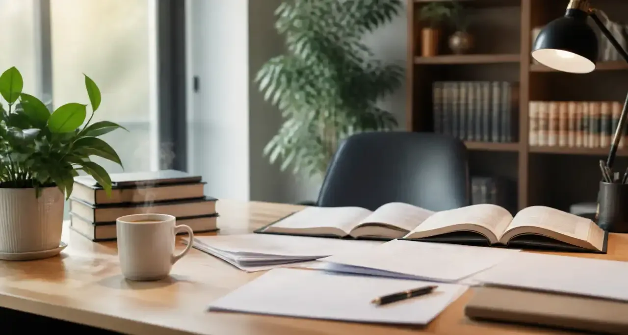 Bureau d'avocate avec des ouvrages juridiques et une plante verte