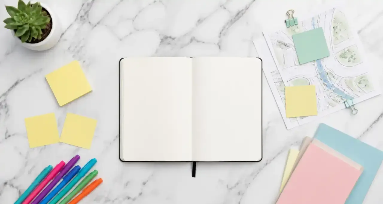 Carnet de notes et documents d'entrepreneur disposés sur un plan de travail en marbre