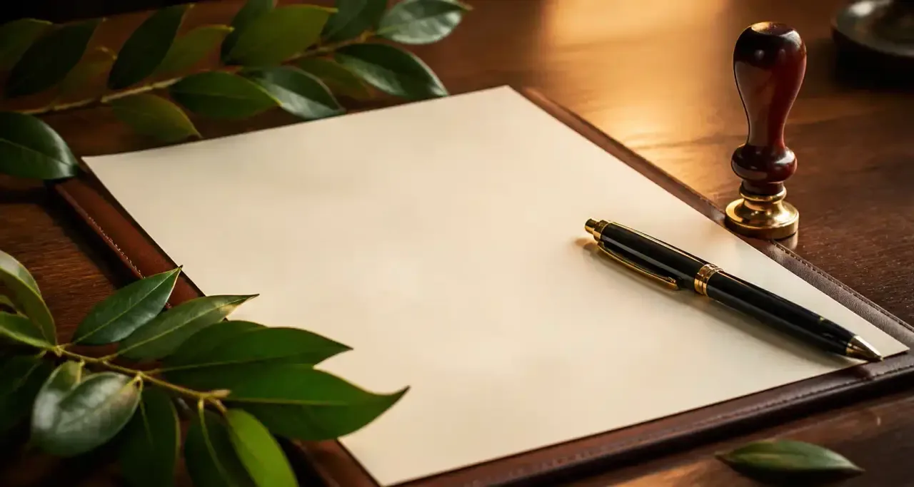 Contrat de travail avec un stylo, un tampon et des feuilles de laurier sur un bureau