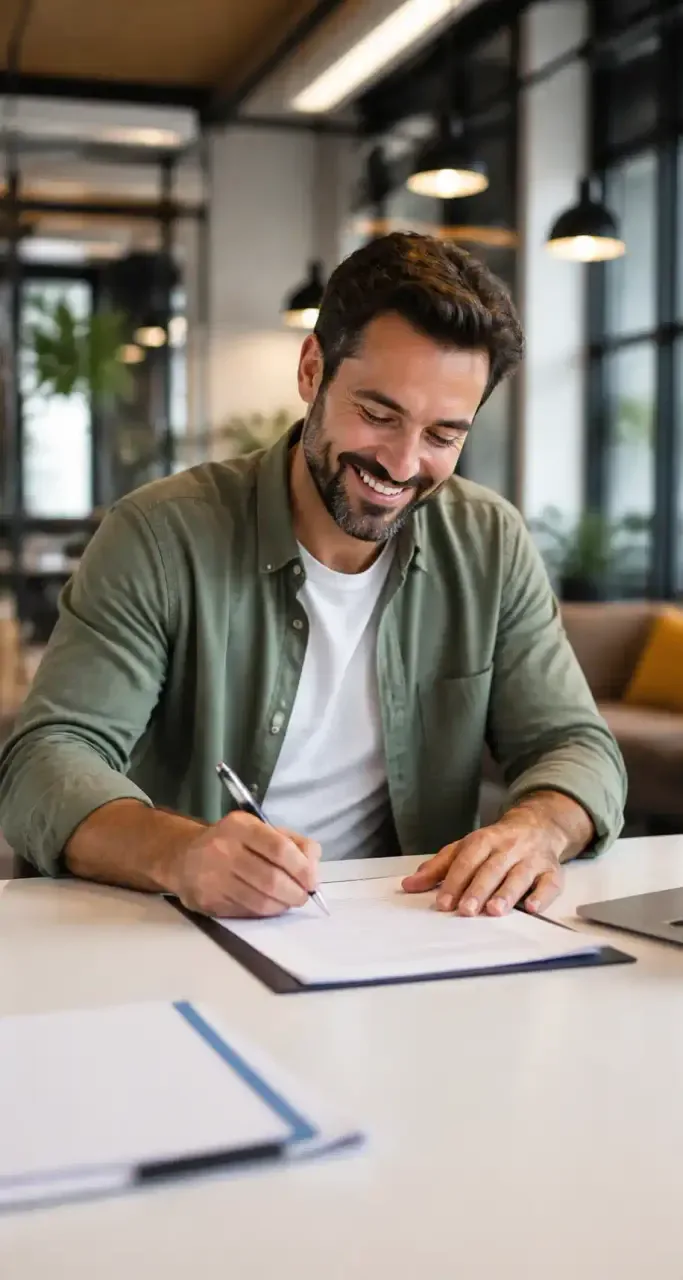 Entrepreneur signant un contrat dans un espace de coworking lumineux