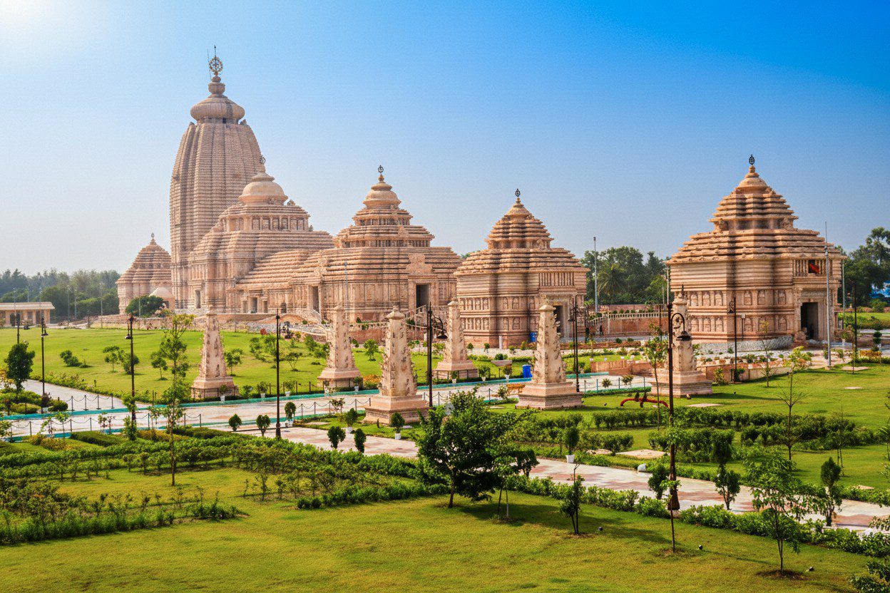 Intricate Hindu temple architecture in a lush green landscape, representing Indian spiritual heritage.