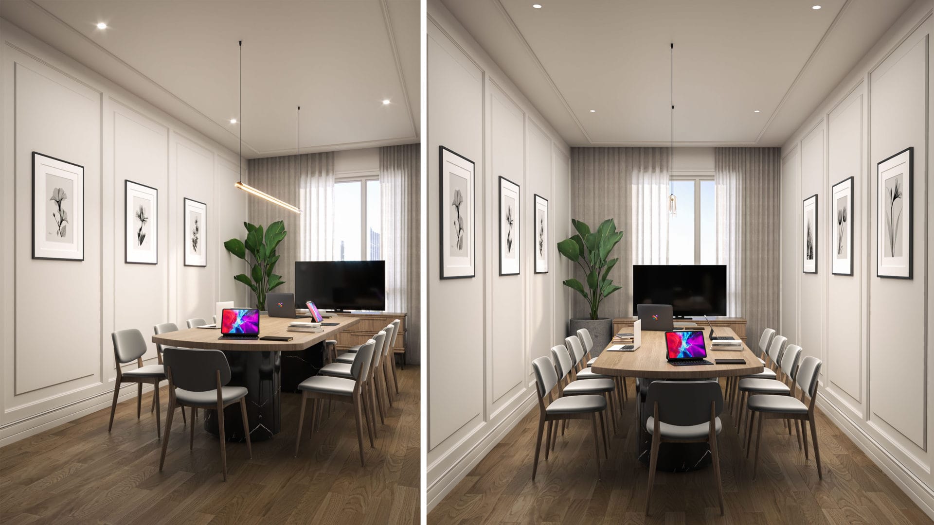 Modern conference room with artwork, large table, and seating for meetings.