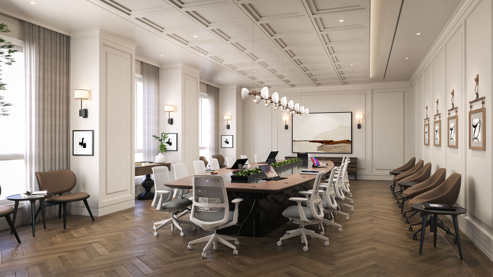 Modern conference room with white walls, large table, and stylish chairs.