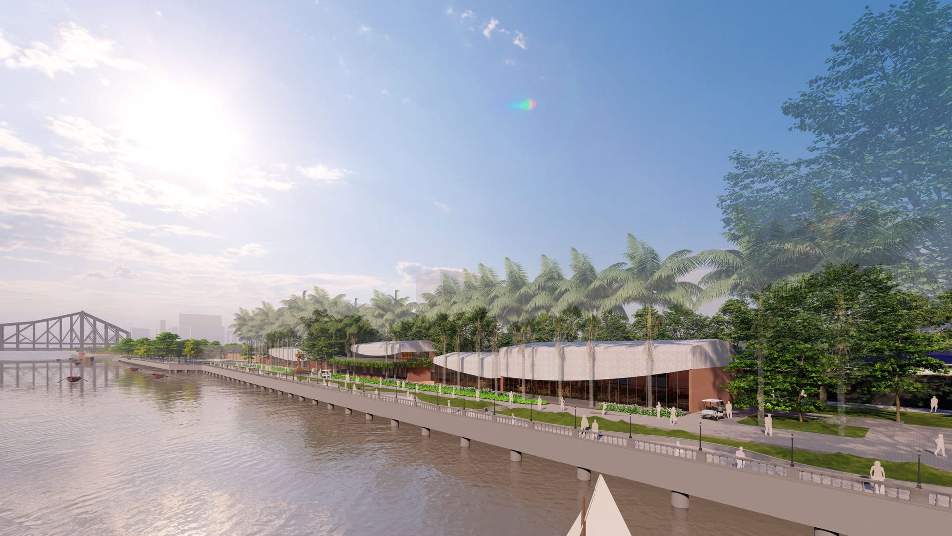 Modern waterfront design studio with lush greenery and river view.