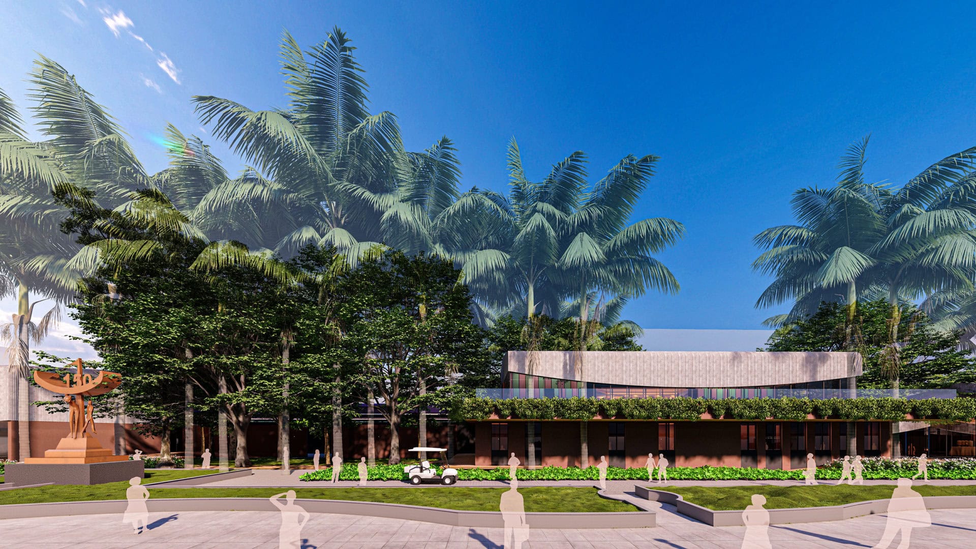 Modern building surrounded by lush palm trees and clear blue sky.
