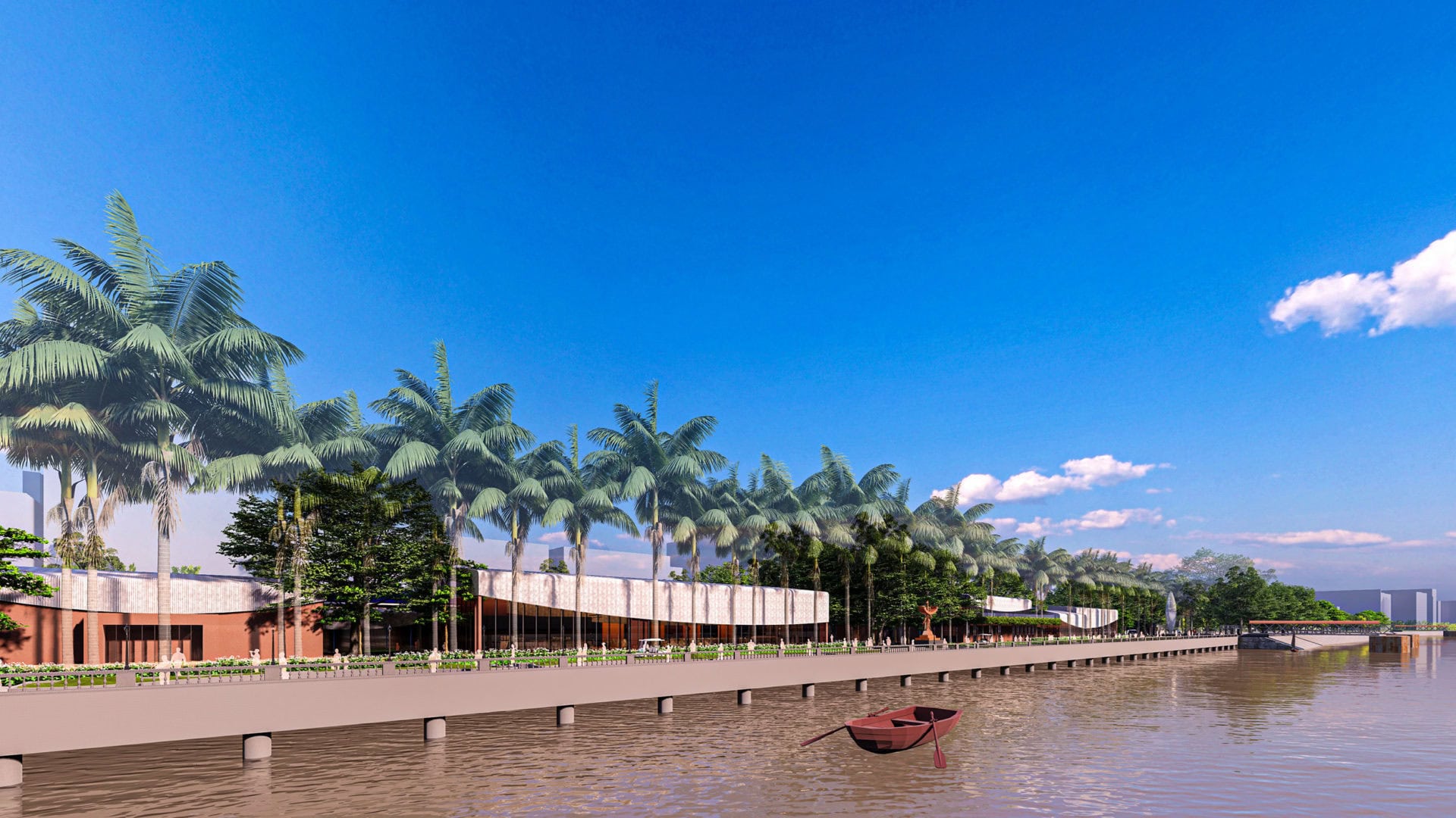 Modern waterfront design with palm trees and a clear blue sky.