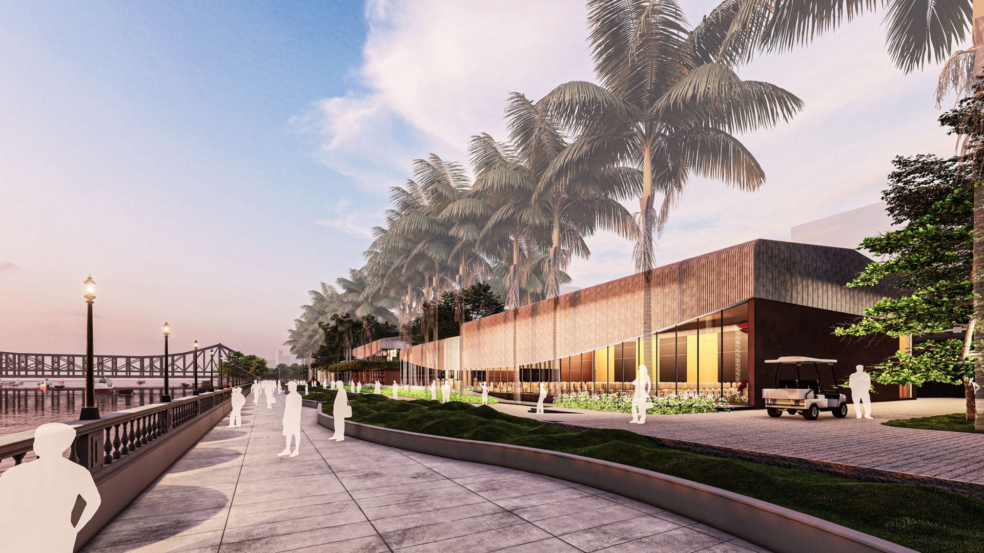 Modern design studio building with palm trees and waterfront promenade.