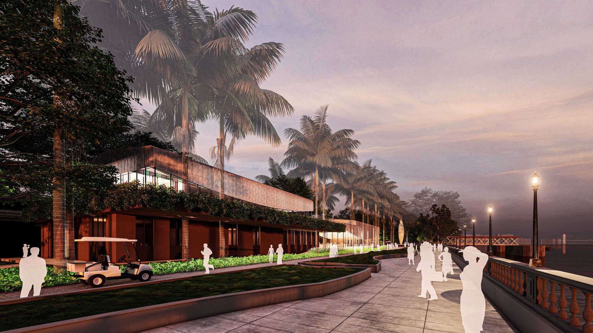 Modern waterfront development with palm trees and promenade at sunset.