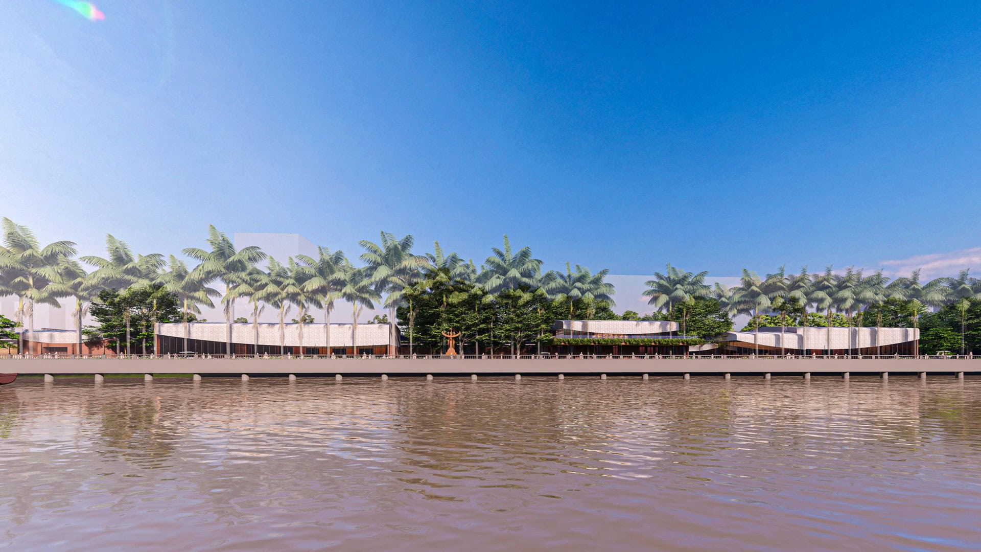 Modern waterfront architecture with lush palm trees and clear blue sky.