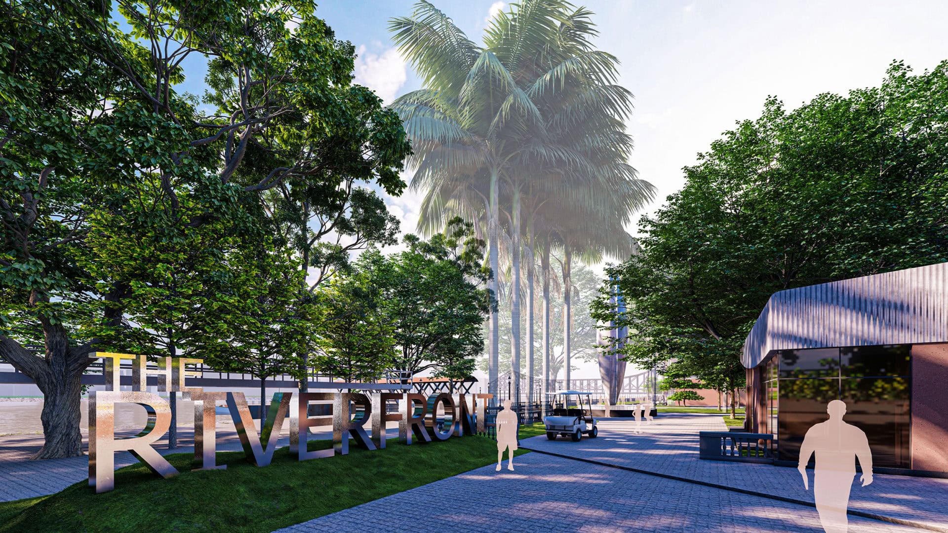 Riverfront park entrance with lush trees and palm trees, modern signage, and pathways.