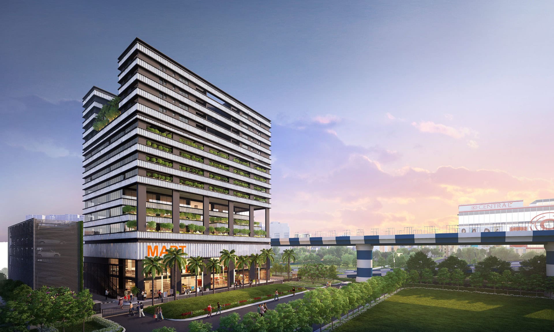 Contemporary multi-story building with green terraces and urban surroundings.